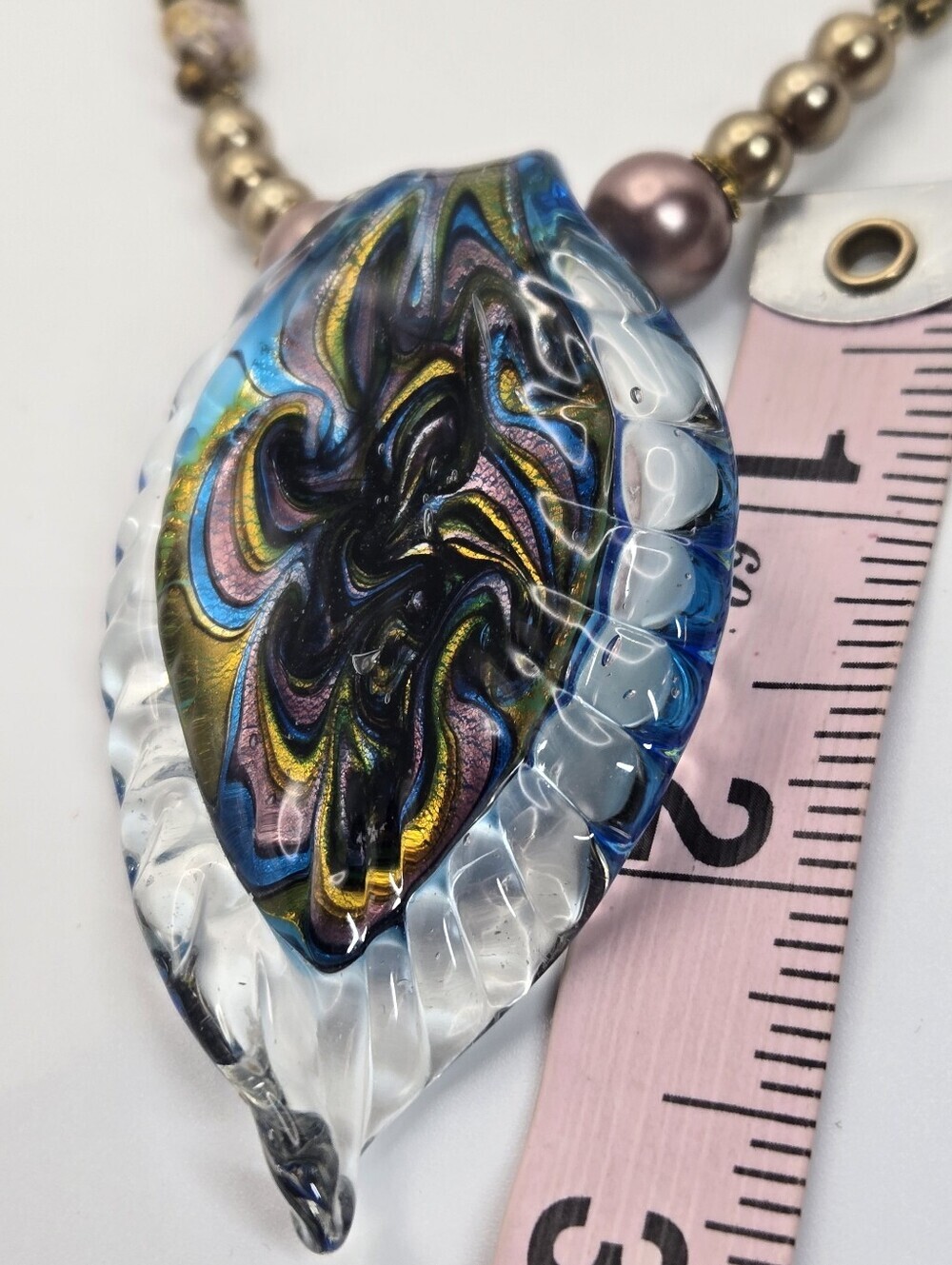 New! Artisan Glass Pendant Necklace Tear-drop Shaped Fused Glass Pendant & Beads - Picture 5 of 9
